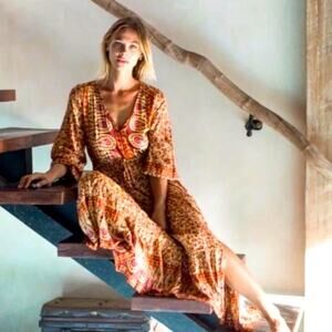 Aura Amber Rust Orange Ivory Rayon Floral Peasant Tiered Maxi Dress XXL